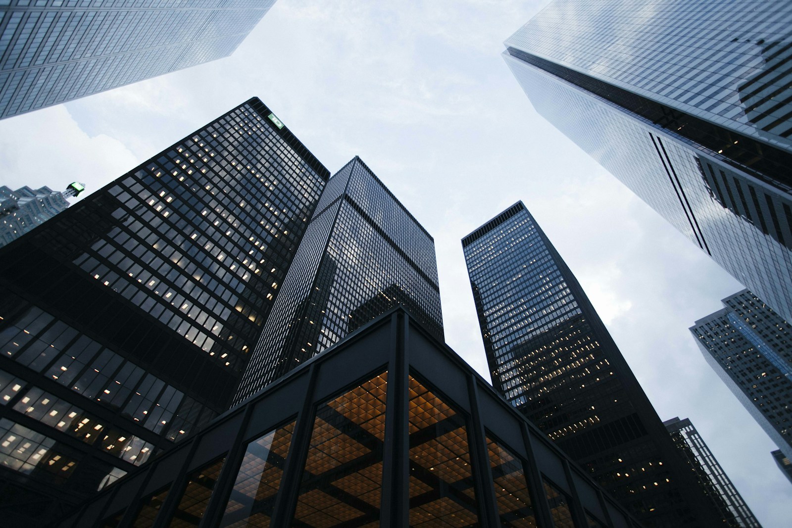 Atmospheric low-angle faceted glass architectural geometry