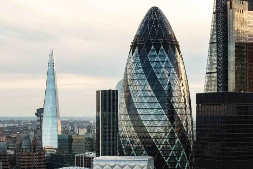 Modern architectural cityscape featuring The Gherkin and city towers